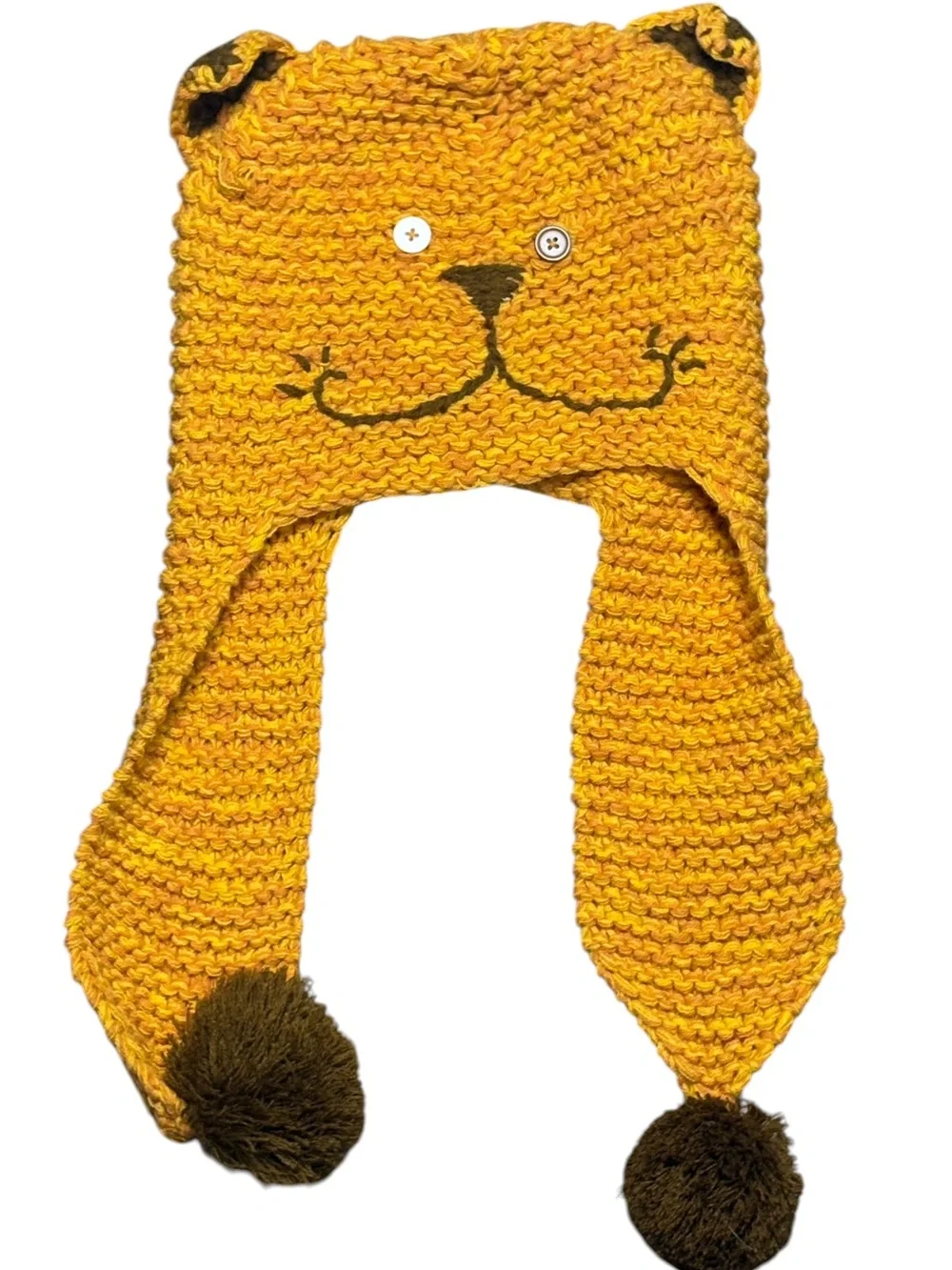 Vintage Chunky Knit Yellow Cat Lion Animal Earflap Beanie Chullo Hat Pom Pom